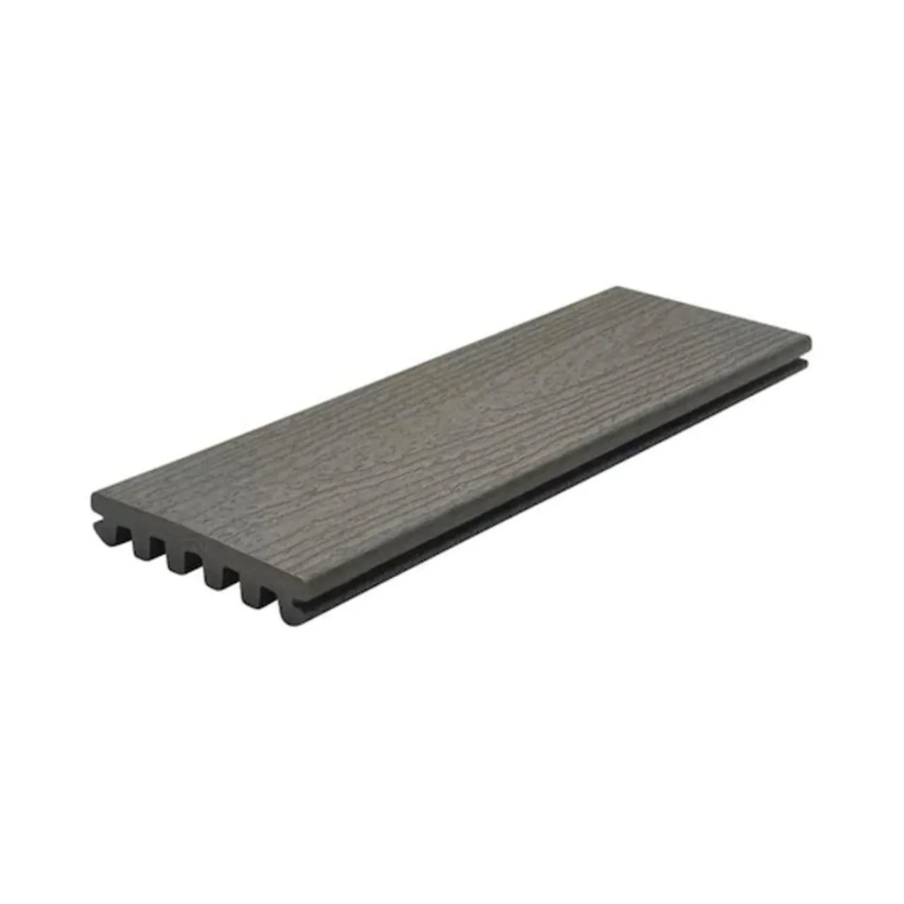 A Go Build Enhance Basics 1 in. x 5-1/2 in. x 12 ft. Grooved Edge Composite Decking Board in Clam Shell gray, featuring wood grain texture on top and grooved edges, displayed against a white background.